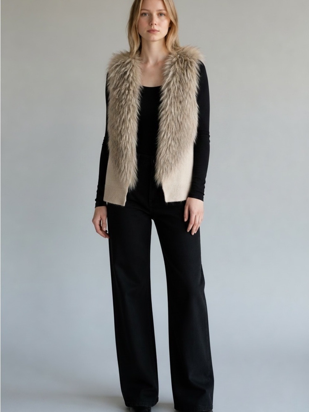 Love Token Gray Faux Fur Sweater Vest, Size M Luxurious Smooth Knit Lined